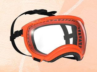 Dog goggles we recommend on an orange-yellow background