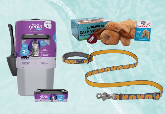 Pet products including a waste disposal system, collar, leash, calming aid, and plush toy
