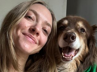 blonde woman talkes selfie with brown spotted shepherd dog
