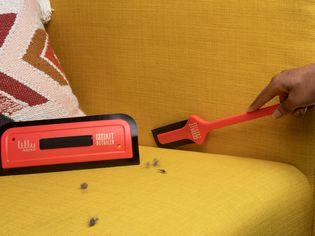 Closeup person using Lilly Detailer Pro Kit on yellow couch