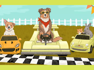 Illustration of animals in small race cars at a starting line with a dog a rabbit a cat and another dog