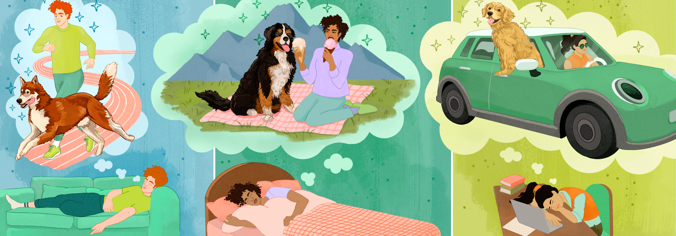 Illustration of people in various everyday situations with dogs depicting activities like running lounging hiking and driving